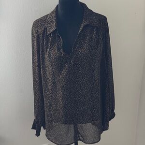 Pleione brown floral print semi sheer long sleeve V neck smocked cuffs blouse 1X